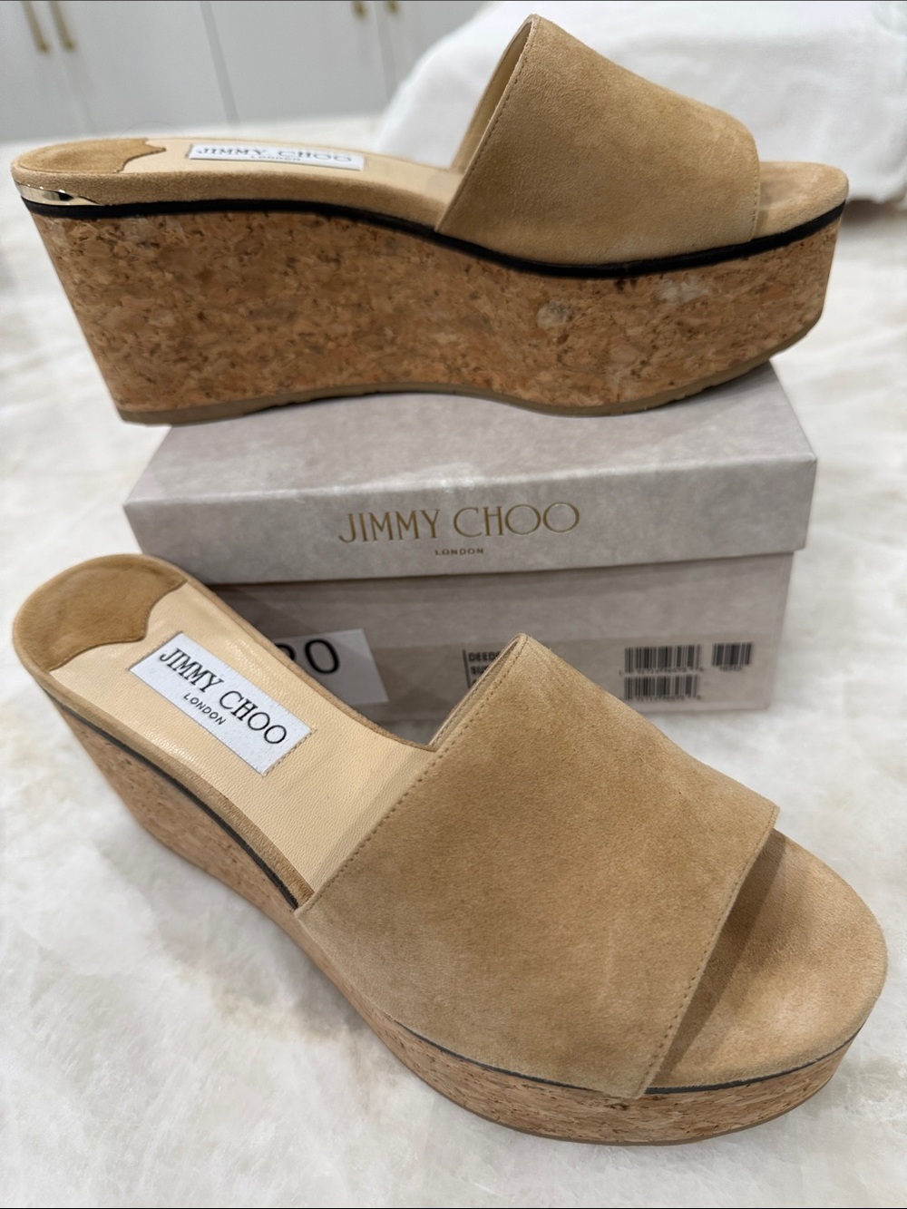 New Jimmy Choo DeeDee Camel Tan Suede Cork Wedge Slide